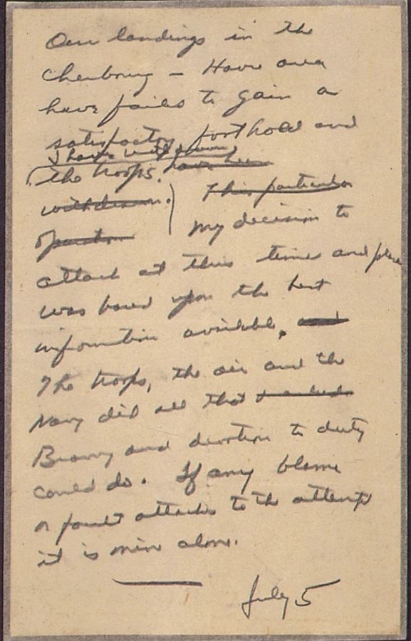 Dwight Eisenhower's note to use if the Normandy Invasion went wrong, 5-June-1945