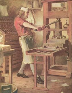 In Boston at age 12, Young Benjamin Franklin became a printer's apprentice with his brother James Franklin